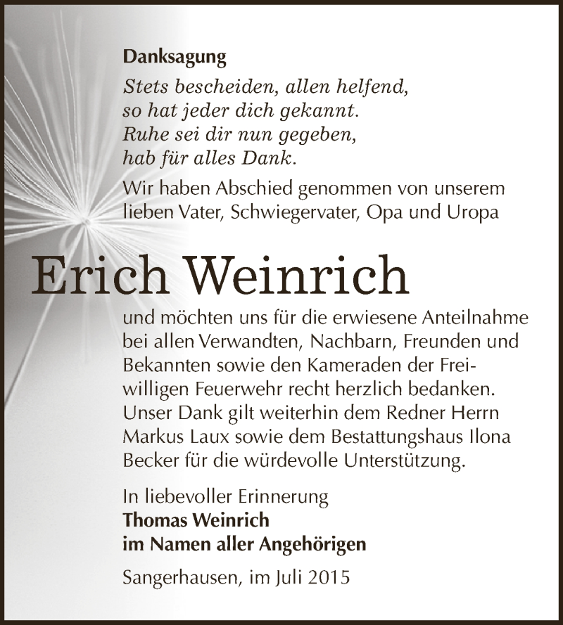  Traueranzeige für Erich Weinrich vom 01.08.2015 aus Super Sonntag SGH Mansf. Land