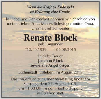 Traueranzeige von Renate Block von Mitteldeutsche Zeitung Mansfelder Land
