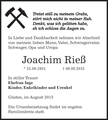 Traueranzeige von Joachim Rieß von Super Sonntag Bernburg