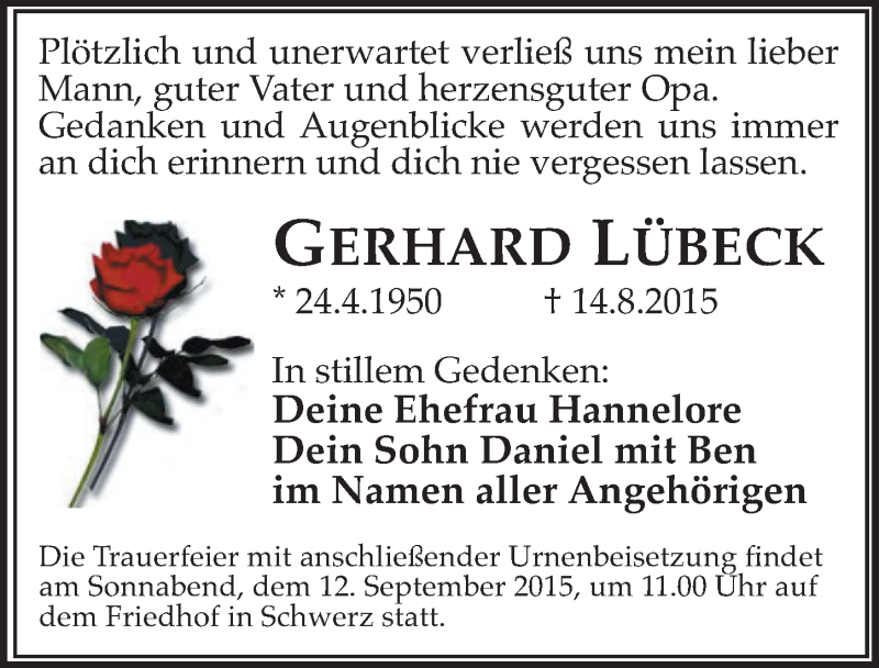  Traueranzeige für Gerhard Lübeck vom 22.08.2015 aus Mitteldeutsche Zeitung Halle/Saalkreis
