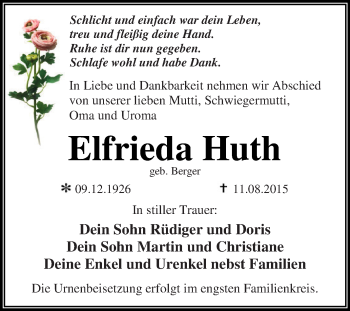 Traueranzeige von Elfrieda Huth von WVG - Wochenspiegel Dessau / Köthen