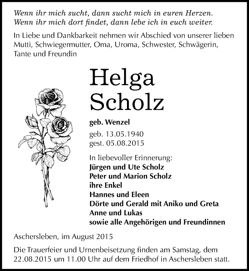  Traueranzeige für Helga Scholz vom 11.08.2015 aus Mitteldeutsche Zeitung Aschersleben