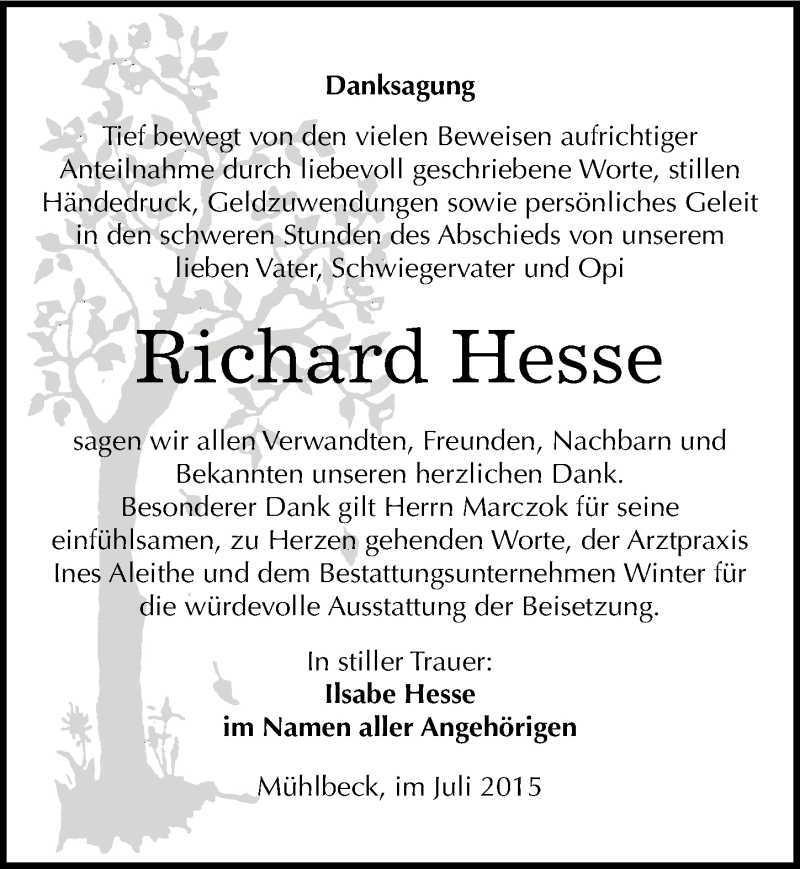  Traueranzeige für Richard Hesse vom 01.08.2015 aus Mitteldeutsche Zeitung Bitterfeld