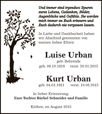 Traueranzeige von Luise und Kurt  von WVG - Wochenspiegel Dessau / Köthen