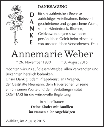 Traueranzeige von Annemarie Weber von WVG - Wochenspiegel NMB / WSF / ZTZ