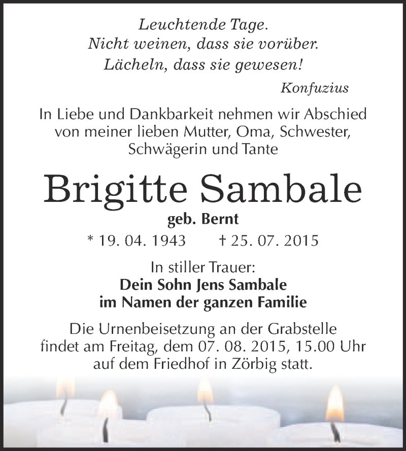  Traueranzeige für Brigitte Sambale vom 05.08.2015 aus WVG - Wochenspiegel Bitterfeld