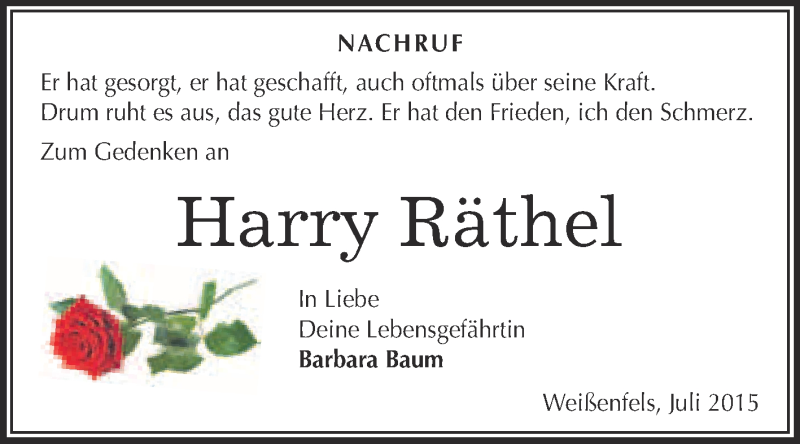  Traueranzeige für Harry Räthel vom 12.08.2015 aus WVG - Wochenspiegel NMB / WSF / ZTZ