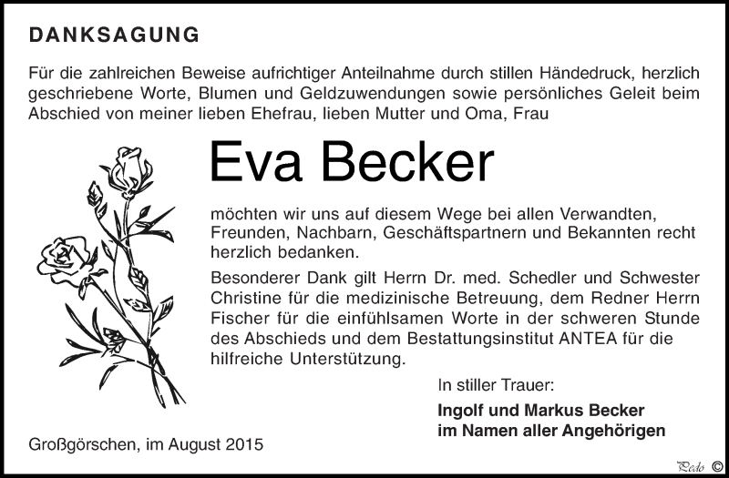  Traueranzeige für Eva Becker vom 05.08.2015 aus WVG - Wochenspiegel NMB / WSF / ZTZ
