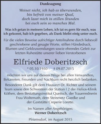 Traueranzeige von Elfriede Doberitzsch von WVG - Wochenspiegel Dessau / Köthen