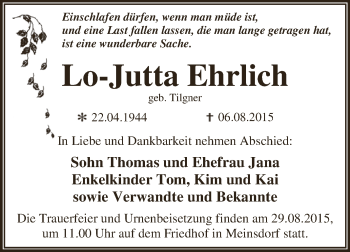 Traueranzeige von Lo-Jutta Ehrlich von WVG - Wochenspiegel Dessau / Köthen