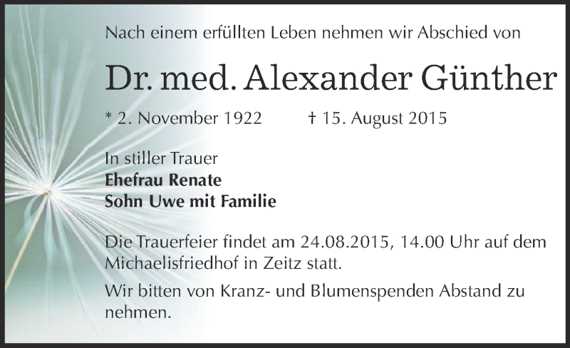  Traueranzeige für Alexander Günther vom 22.08.2015 aus Super Sonntag Zeitz