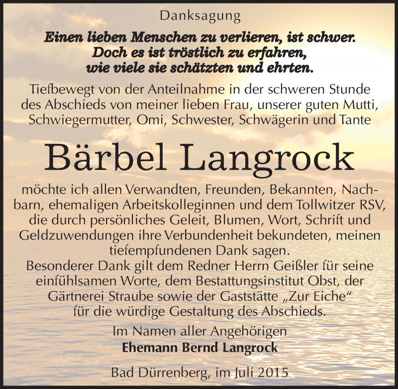  Traueranzeige für Bärbel Langrock vom 01.08.2015 aus Mitteldeutsche Zeitung Merseburg/Querfurt