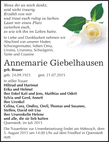 Traueranzeige von Annemarie Giebelhausen von Mitteldeutsche Zeitung Mansfelder Land