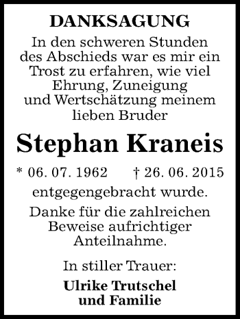 Traueranzeige von Stephan Kraneis von Mitteldeutsche Zeitung Merseburg/Querfurt