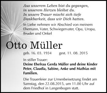 Traueranzeige von Otto Müller von Mitteldeutsche Zeitung Halle/Saalkreis