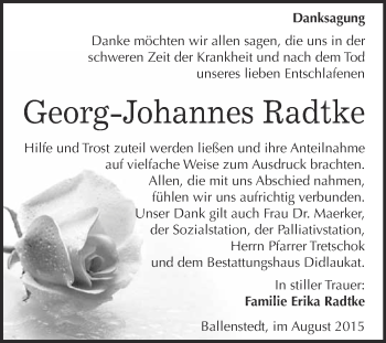 Traueranzeige von Georg-Johannes Radtke von WVG - Wochenspiegel Quedlinburg
