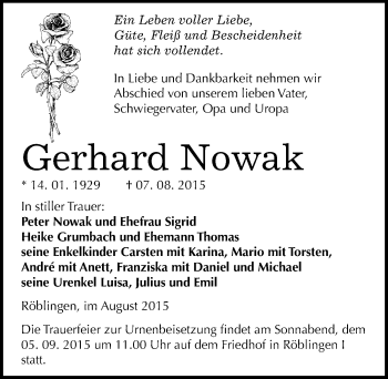 Traueranzeige von Gerhard Nowak von Mitteldeutsche Zeitung Mansfelder Land
