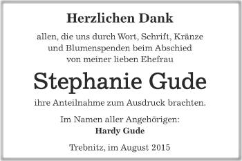 Traueranzeige von Stephanie Gude von WVG - Wochenspiegel Merseburg