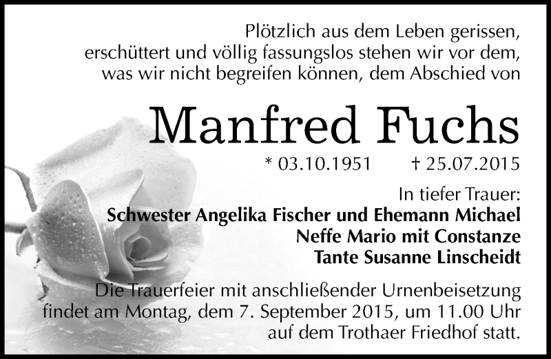  Traueranzeige für Manfred Fuchs vom 29.08.2015 aus Mitteldeutsche Zeitung Halle/Saalkreis