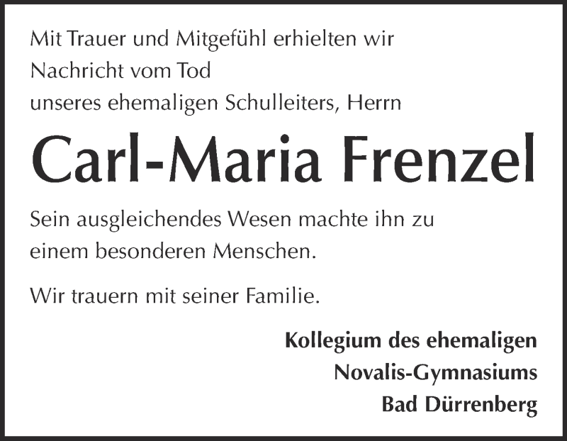  Traueranzeige für Carl-Maria Frenzel vom 29.08.2015 aus Super Sonntag Merseburg