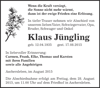 Traueranzeige von Klaus Jüngling von Super Sonntag Aschersleben