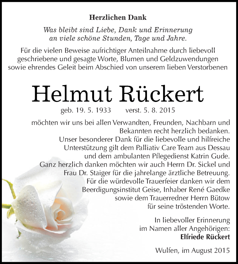  Traueranzeige für Helmut Rückert vom 29.08.2015 aus WVG - Wochenspiegel Dessau / Köthen