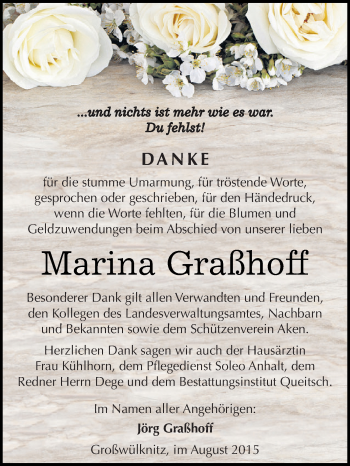 Traueranzeige von Marina Graßhoff von WVG - Wochenspiegel Dessau / Köthen
