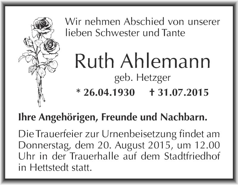  Traueranzeige für Ruth Ahlemann vom 12.08.2015 aus Wochenspiegel Mansfelder Land