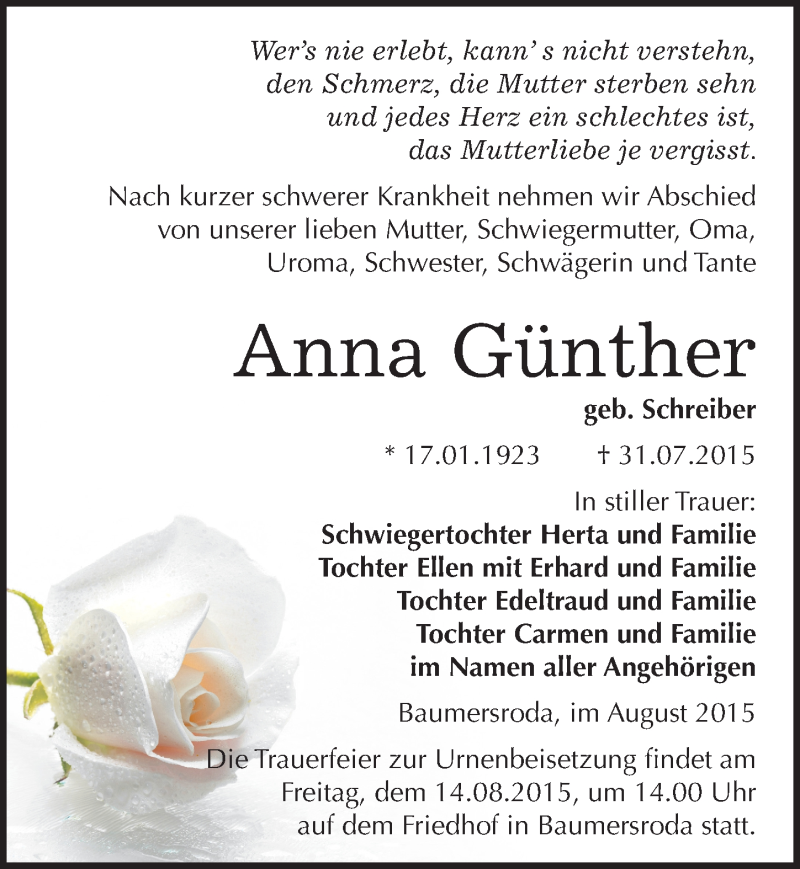  Traueranzeige für Anna Günther vom 08.08.2015 aus Mitteldeutsche Zeitung Naumburg/Nebra