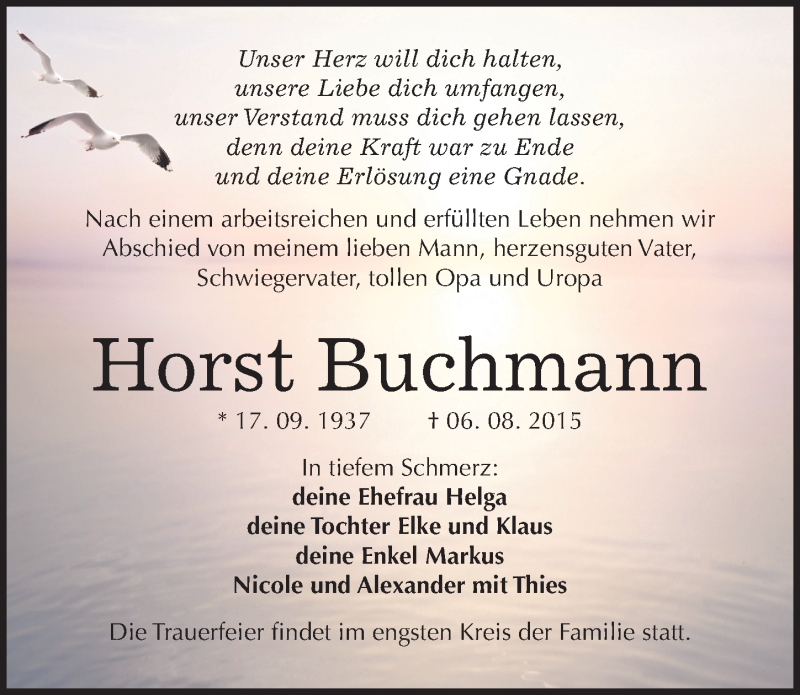  Traueranzeige für Horst Buchmann vom 12.08.2015 aus Mitteldeutsche Zeitung Mansfelder Land
