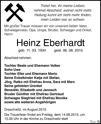 Traueranzeige von Heinz Eberhardt von WVG - Wochenspiegel NMB / WSF / ZTZ