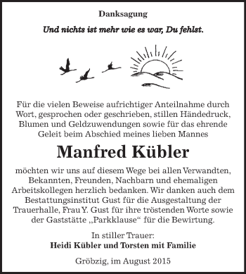 Traueranzeige von Manfred Kübler von WVG - Wochenspiegel Dessau / Köthen