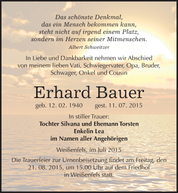 Traueranzeige von Erhard Bauer von Mitteldeutsche Zeitung Weißenfels