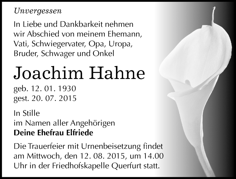  Traueranzeige für Joachim Hahne vom 06.08.2015 aus Mitteldeutsche Zeitung Merseburg/Querfurt