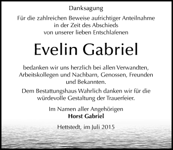Traueranzeige von Evelin Gabriel von Mitteldeutsche Zeitung Mansfelder Land