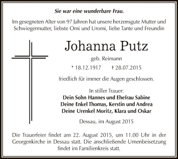 Traueranzeige von Johanna Putz von WVG - Wochenspiegel Dessau / Köthen