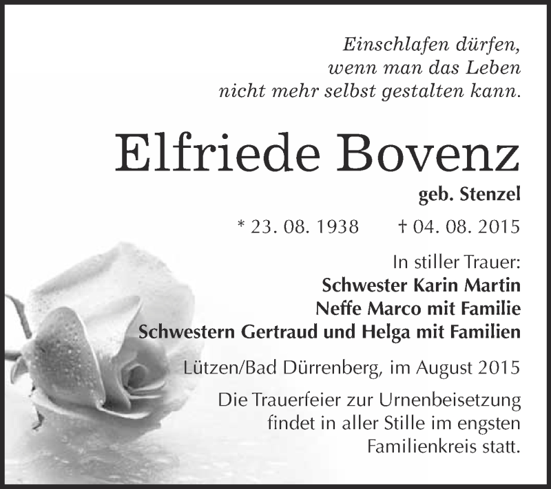  Traueranzeige für Elfriede Bovenz vom 08.08.2015 aus Super Sonntag Merseburg