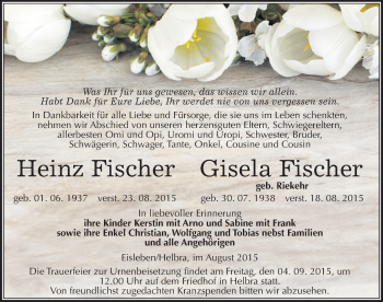 Traueranzeige von Heinz und Gisela Fischer von Mitteldeutsche Zeitung Mansfelder Land