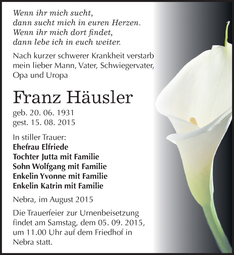  Traueranzeige für Franz Häusler vom 21.08.2015 aus Mitteldeutsche Zeitung Naumburg/Nebra