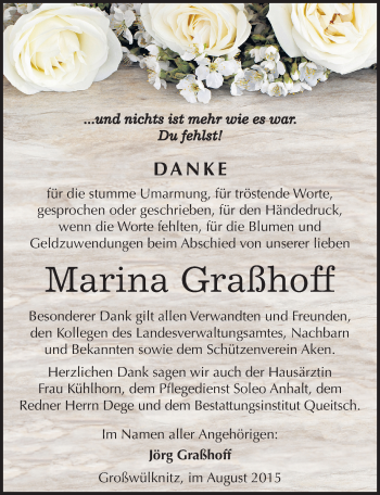 Traueranzeige von Marina Graßhoff von Mitteldeutsche Zeitung Köthen