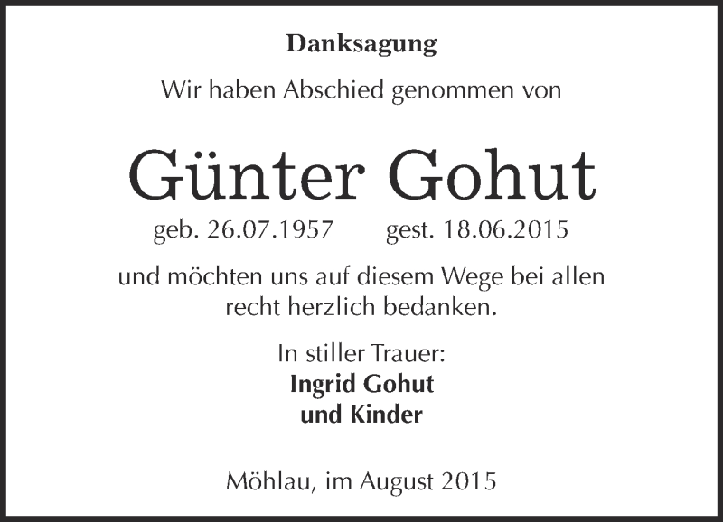  Traueranzeige für Günter Gohut vom 08.08.2015 aus WVG - Wochenspiegel Wittenberg