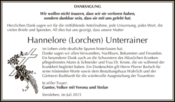 Traueranzeige von Hannelore Unterrainer von Wochenspiegel Mansfelder Land