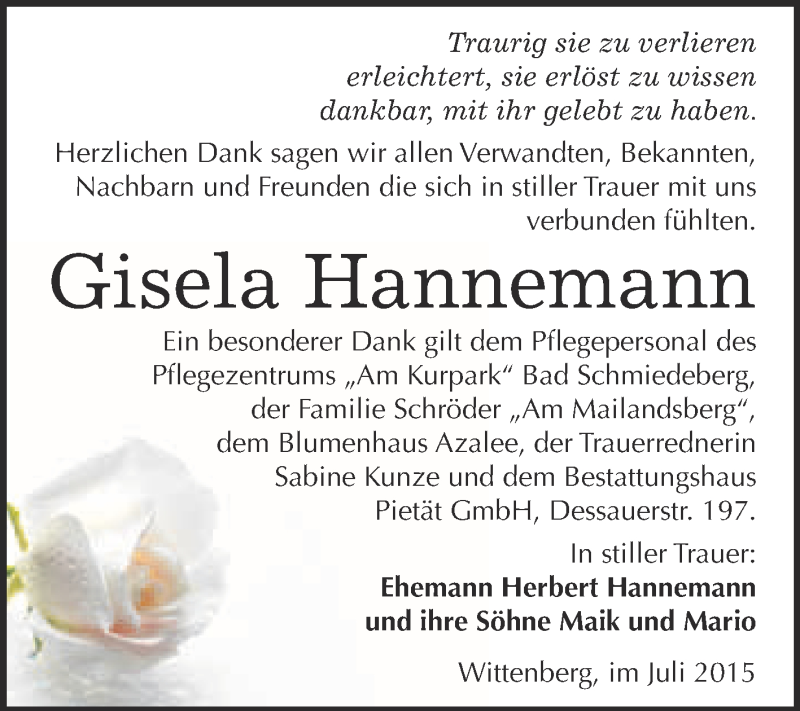  Traueranzeige für Gisela Hannemann vom 01.08.2015 aus Super Sonntag Wittenberg