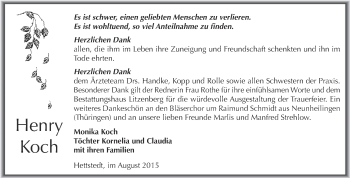 Traueranzeige von Henry Koch von Wochenspiegel Mansfelder Land