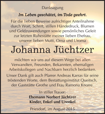 Traueranzeige von Johanna Jüchtzer von Mitteldeutsche Zeitung Köthen