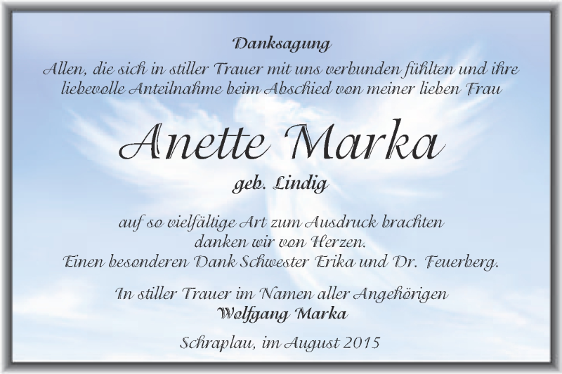 Traueranzeige für Anette Marka vom 15.08.2015 aus WVG - Wochenspiegel Halle