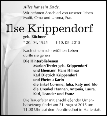 Traueranzeige von Ilse Krippendorf von Mitteldeutsche Zeitung Halle/Saalkreis