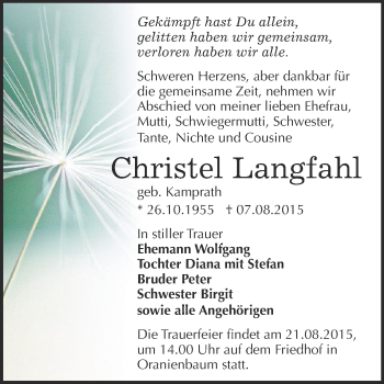 Traueranzeige von Christel Langfahl von WVG - Wochenspiegel Dessau / Köthen