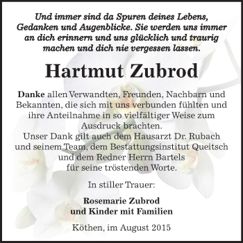 Traueranzeige von Hartmut Zubrod von WVG - Wochenspiegel Dessau / Köthen