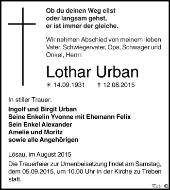 Traueranzeige von Lothar Urban von WVG - Wochenspiegel NMB / WSF / ZTZ